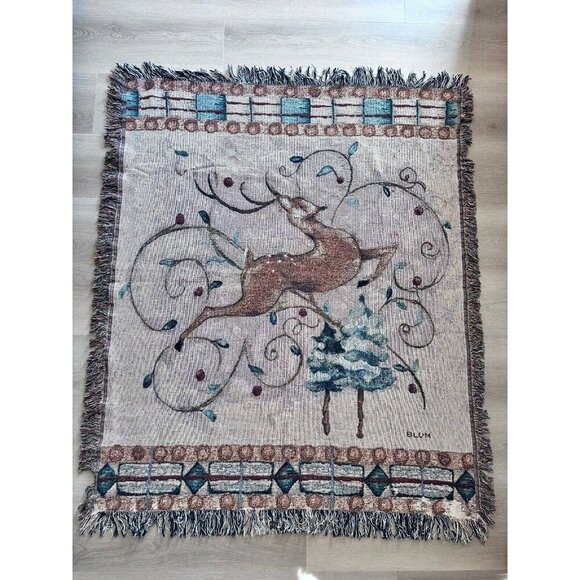 Leaping Deer Reindeer Christmas Vintage‎ Tapestry Afghan Throw 50x60 Cheri Blum - Picture 2 of 9